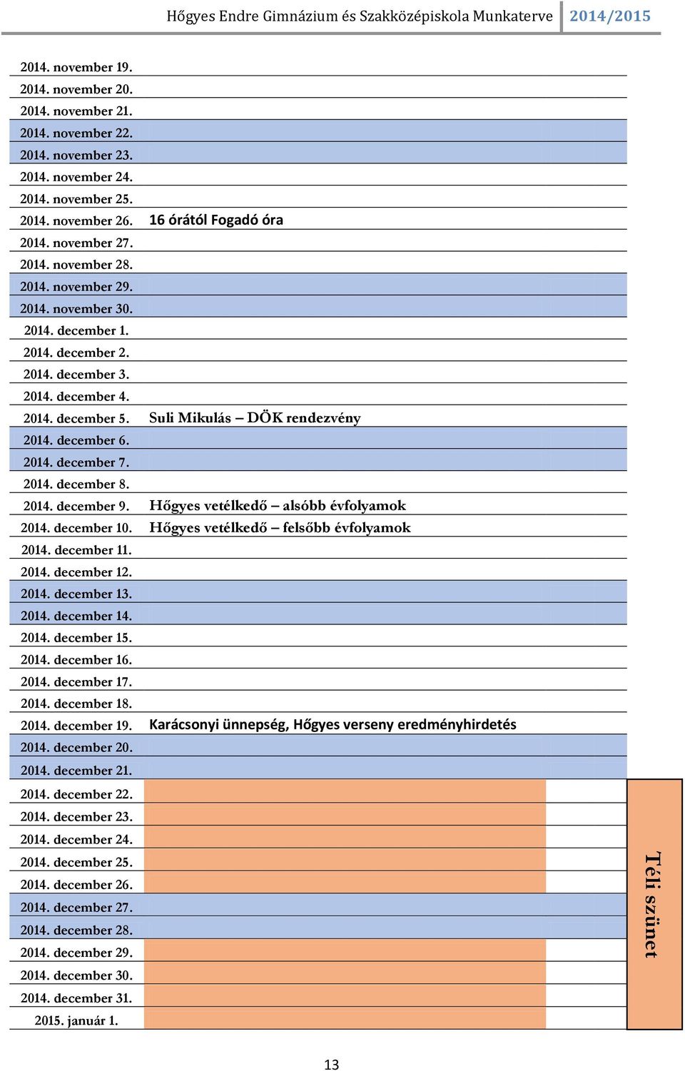 Suli Mikulás DÖK rendezvény 2014. december 6. 2014. december 7. 2014. december 8. 2014. december 9. Hőgyes vetélkedő alsóbb évfolyamok 2014. december 10. Hőgyes vetélkedő felsőbb évfolyamok 2014.
