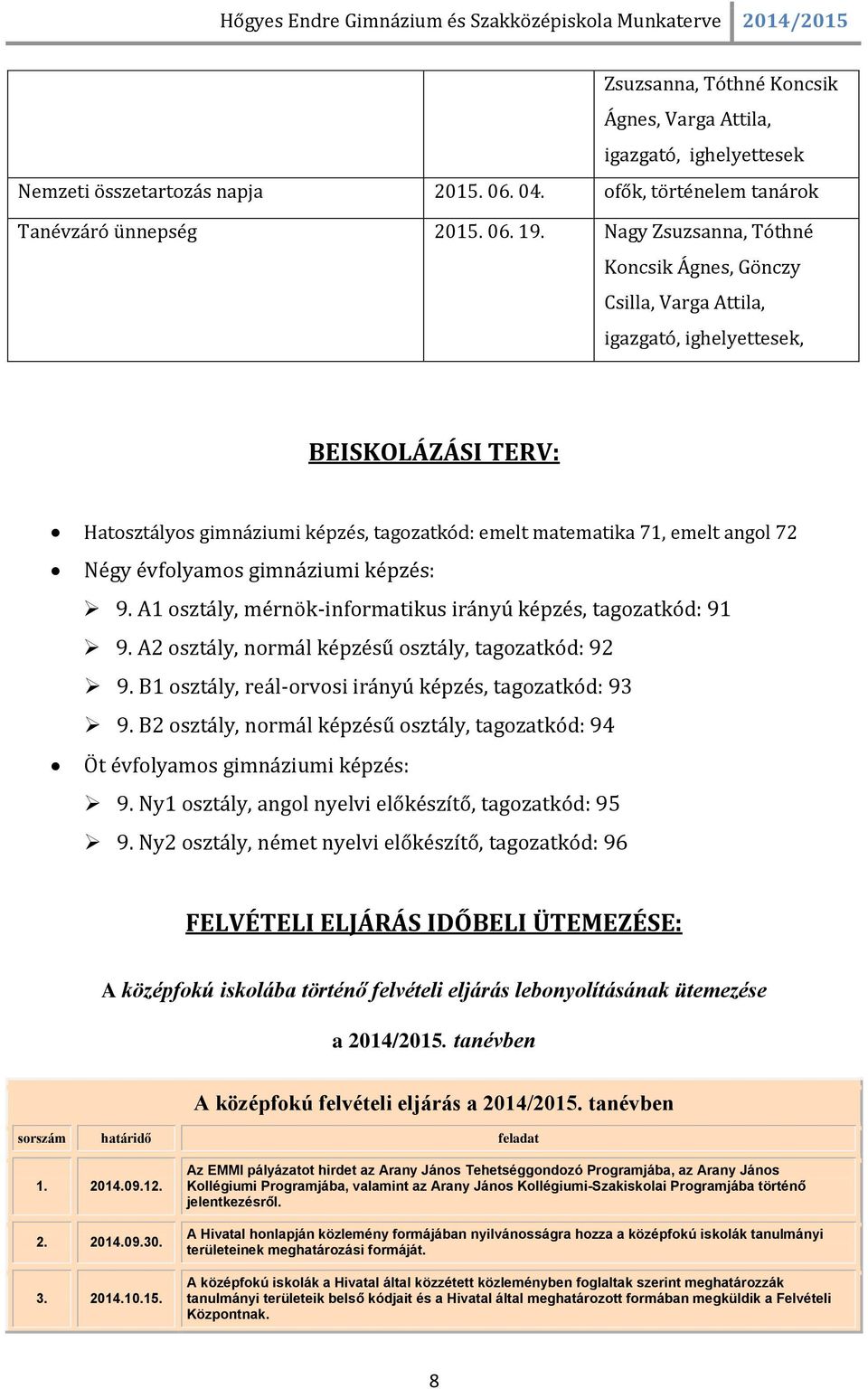 évfolyamos gimnáziumi képzés: 9. A1 osztály, mérnök-informatikus irányú képzés, tagozatkód: 91 9. A2 osztály, normál képzésű osztály, tagozatkód: 92 9.