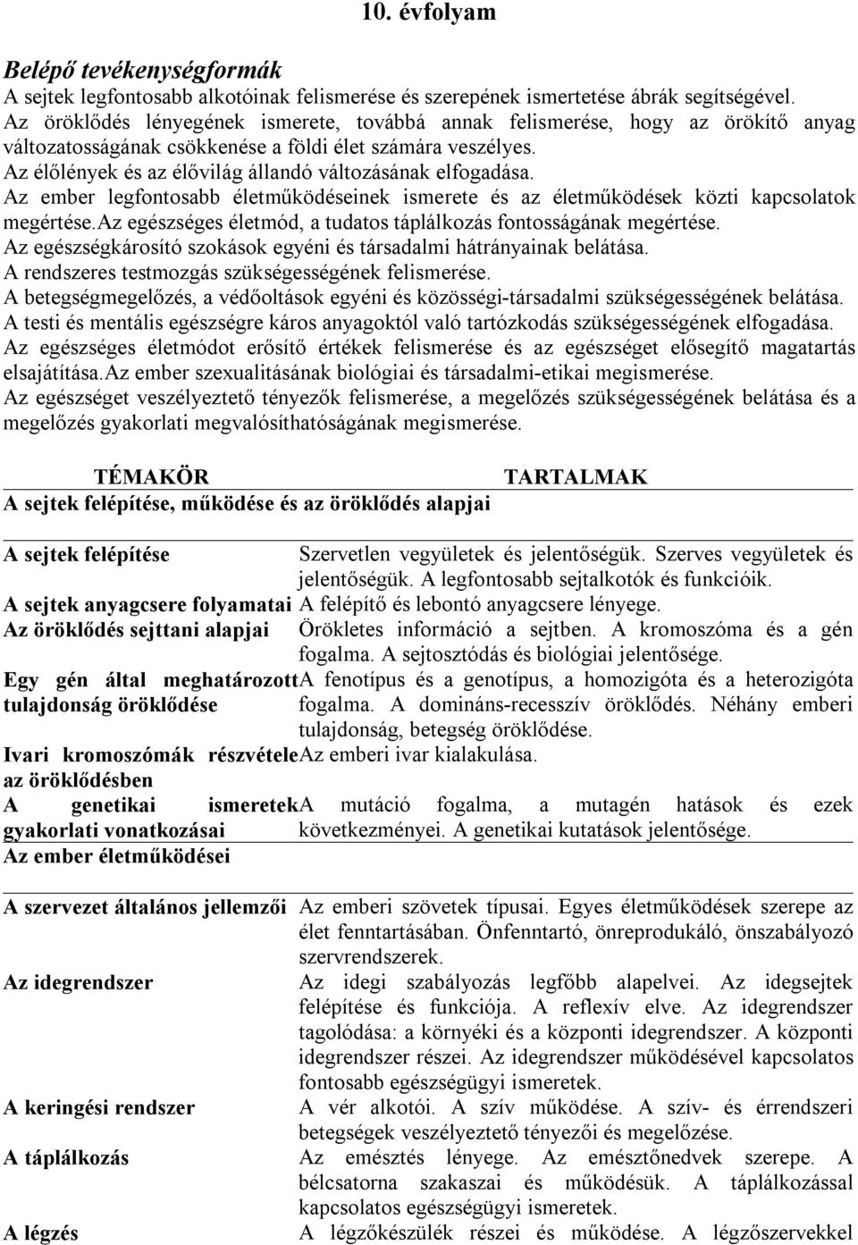 Az élőlények és az élővilág állandó változásának elfogadása. Az ember legfontosabb életműködéseinek ismerete és az életműködések közti kapcsolatok megértése.