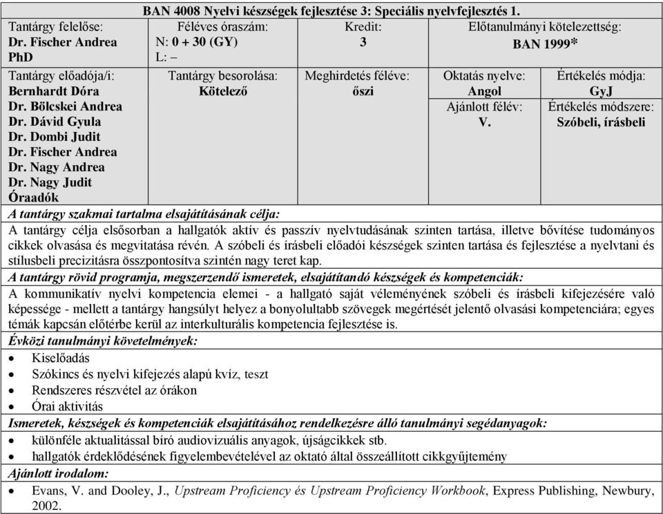 Szóbeli, írásbeli A tantárgy célja elsősorban a hallgatók aktív és passzív nyelvtudásának szinten tartása, illetve bővítése tudományos cikkek olvasása és megvitatása révén.