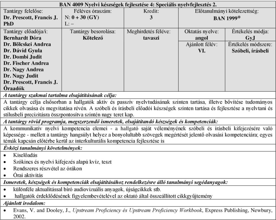 Szóbeli, írásbeli A tantárgy célja elsősorban a hallgatók aktív és passzív nyelvtudásának szinten tartása, illetve bővítése tudományos cikkek olvasása és megvitatása révén.