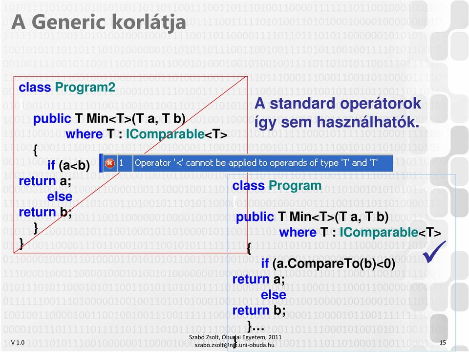 Min<T>(T a, T b) where T : IComparable<T> { if (a.