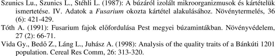 (1991): Fusarium fajok elıfordulása Pest megyei búzamintákban. Növényvédelem, 27 (2): 66-71. Vida Gy.