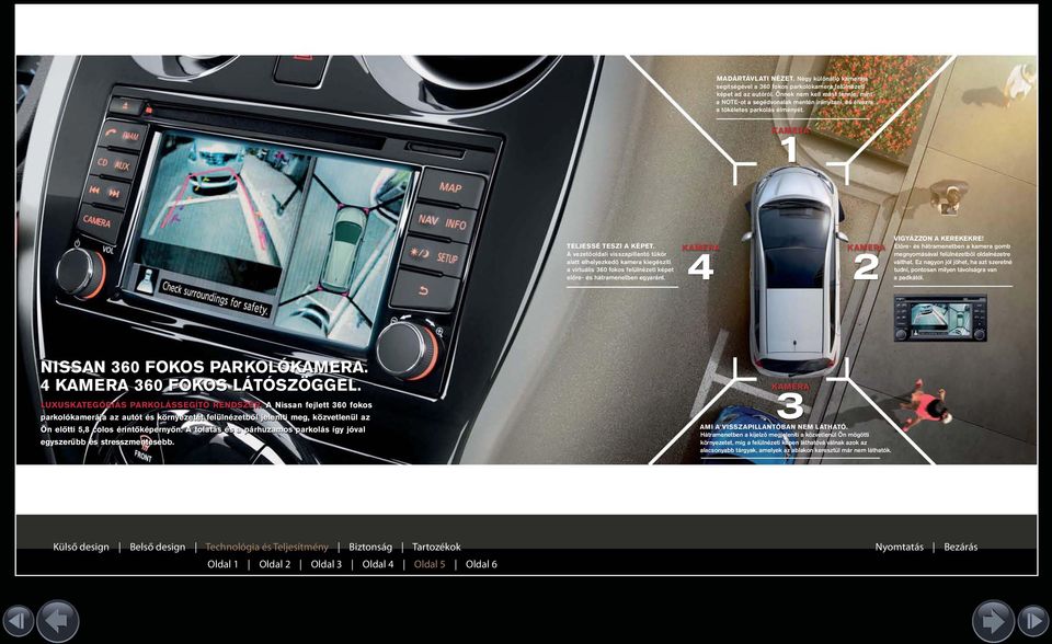 A vezetőoldali visszapillantó tükör alatt elhelyezkedő kamera kiegészíti a virtuális 360 fokos felülnézeti képet előre- és hátramenetben egyaránt. KAMERA 4 KAMERA 2 VIGYÁZZON A KEREKEKRE!