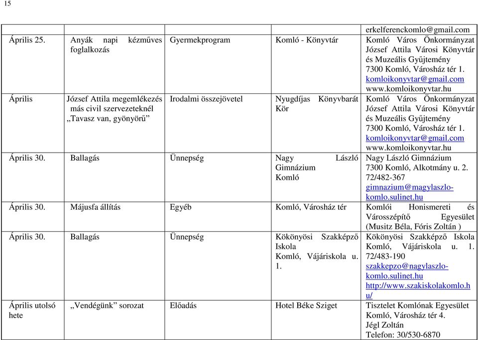 72/482-367 gimnazium@magylzlokomlo.sulinet.hu Április 30. Májusfa állítás Egyéb Komló, Városház Komlói Honismereti és Április 30. Ballagás Ünnepség Kökönyösi Szakképző Iskola Komló, Vájáriskola u. 1.