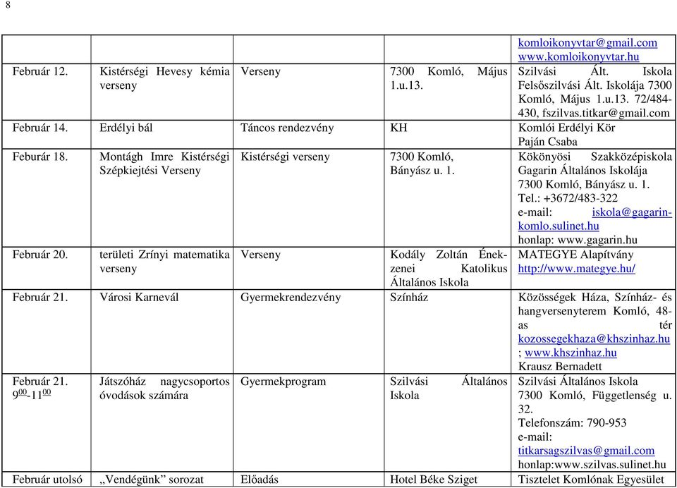 Montágh Imre Kisségi Kisségi verseny 7300 Komló, Kökönyösi Szakközépiskola Szépkiejtési Verseny Bányász u. 1. Gagarin Általános Iskolája 7300 Komló, Bányász u. 1. Tel.