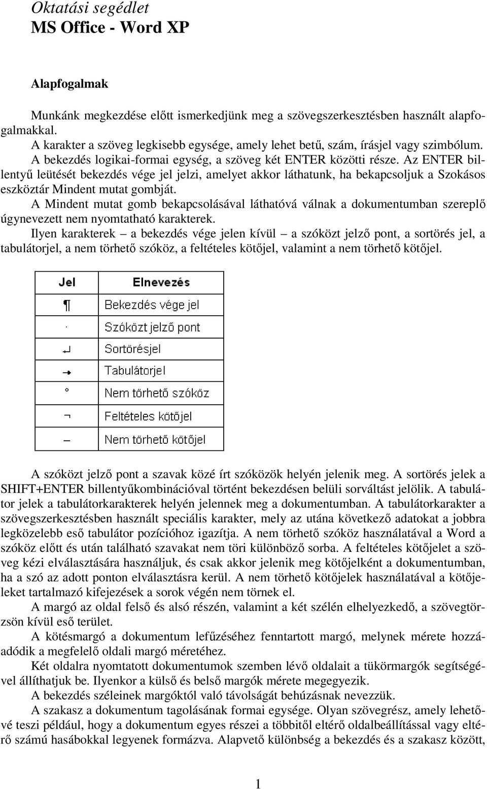 Az ENTER billentyű leütését bekezdés vége jel jelzi, amelyet akkor láthatunk, ha bekapcsoljuk a Szokásos eszköztár Mindent mutat gombját.