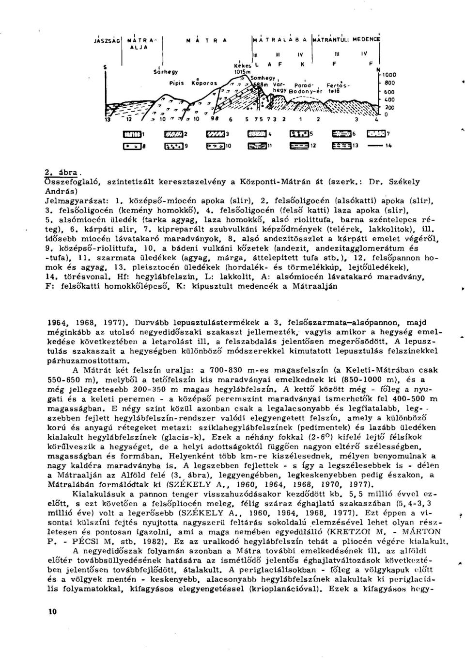 kipreparált szubvulkáni képződmények (telérek, lakkolitok), ül. idősebb miocén lávatakaró maradványok, 8. alsó andezitösszlet a kárpáti emelet végéről, 9. középső-riolittufa, 10.