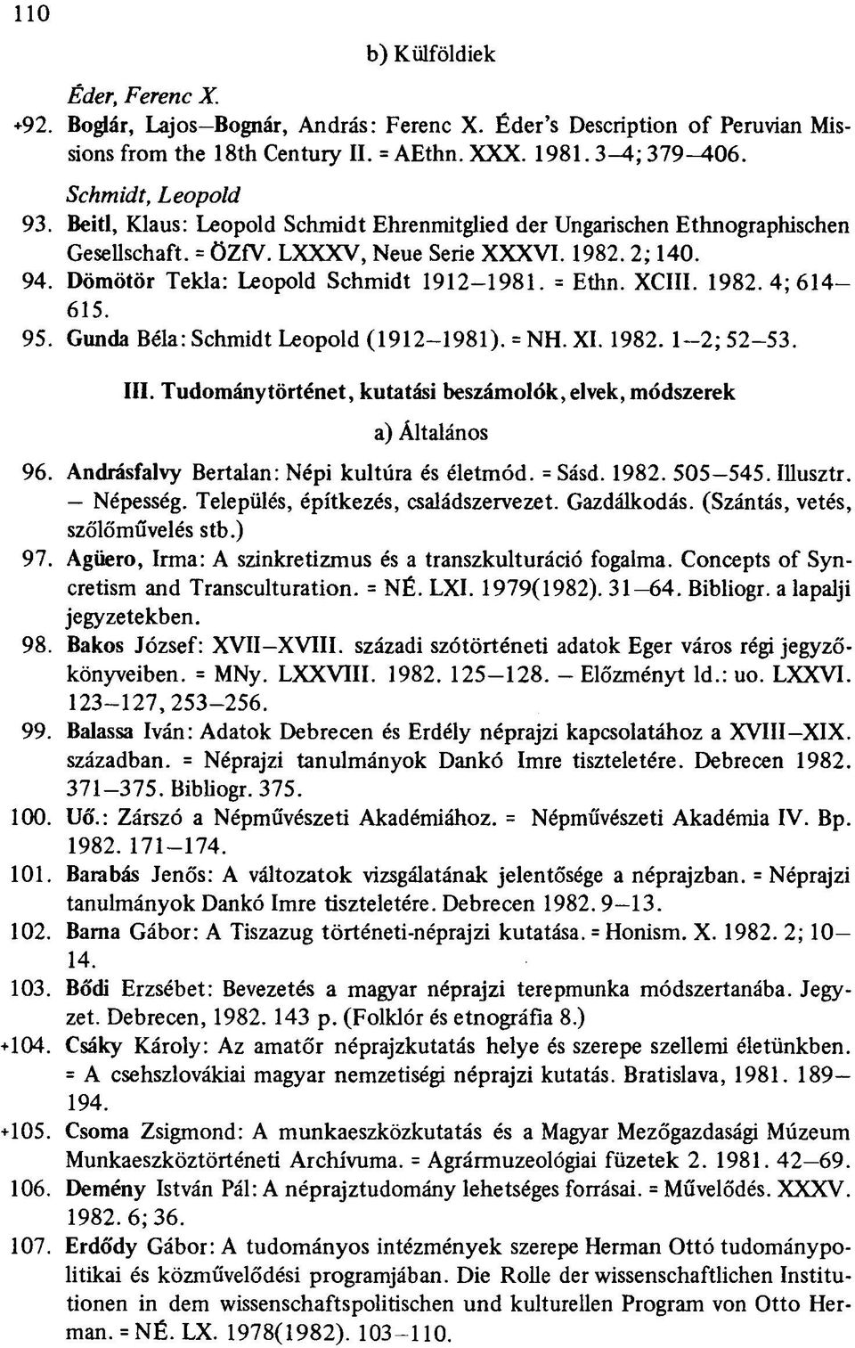 1982. 4; 614-615. 95. Gunda Béla: Schmidt Leopold (1912-1981). = NH. XI. 1982. 1-2; 52-53. III. Tudománytörténet, kutatási beszámolók, elvek, módszerek a) Általános 96.