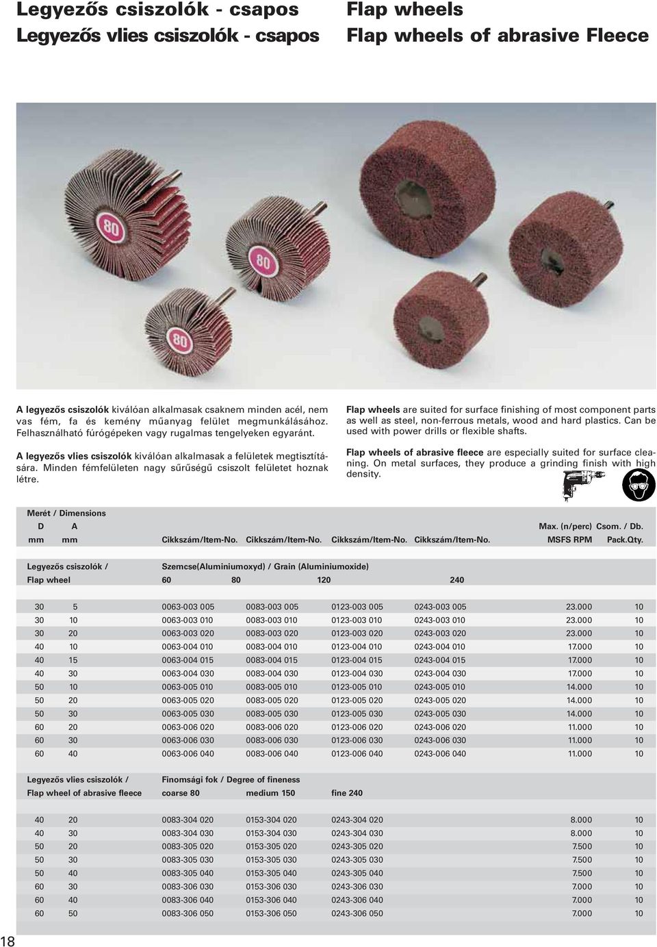 Minden fémfelületen nagy sűrűségű csiszolt felületet hoznak létre. Flap wheels are suited for surface finishing of most component parts as well as steel, non-ferrous metals, wood and hard plastics.