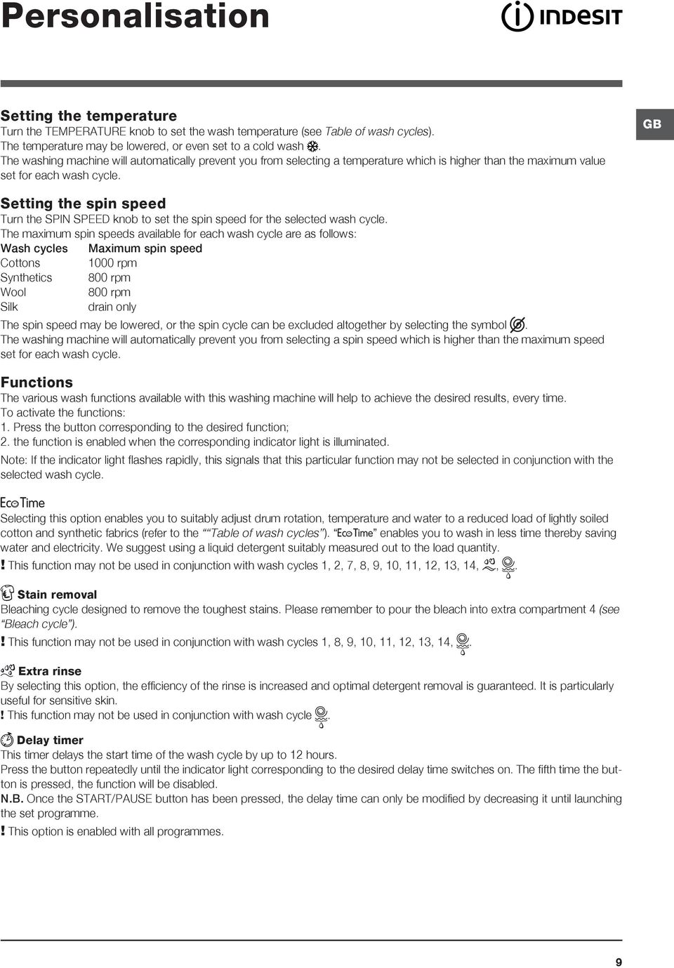 GB Setting the spin speed Turn the SPIN SPEED knob to set the spin speed for the selected wash cycle.