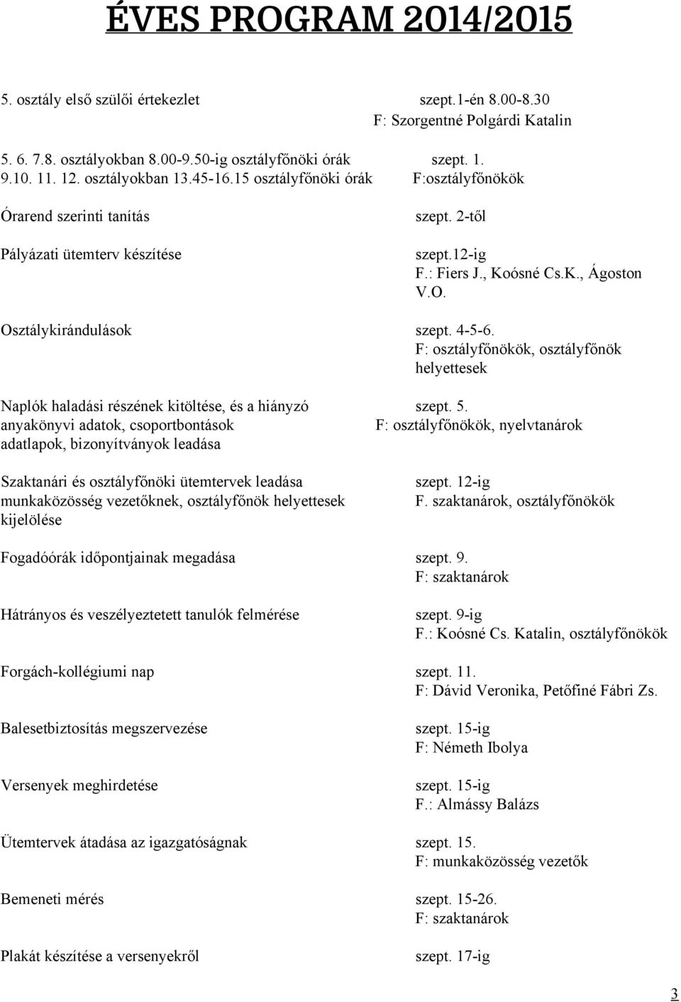 F: osztályfőnökök, osztályfőnök helyettesek Naplók haladási részének kitöltése, és a hiányzó szept. 5.