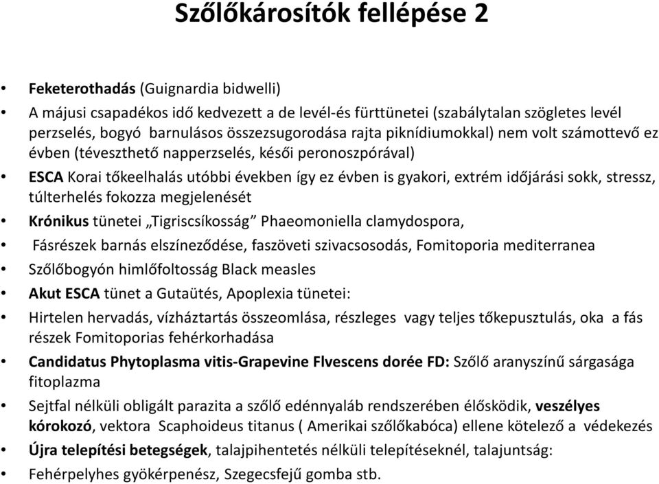 túlterhelés fokozza megjelenését Krónikus tünetei Tigriscsíkosság Phaeomoniella clamydospora, Fásrészek barnás elszíneződése, faszöveti szivacsosodás, Fomitoporia mediterranea Szőlőbogyón