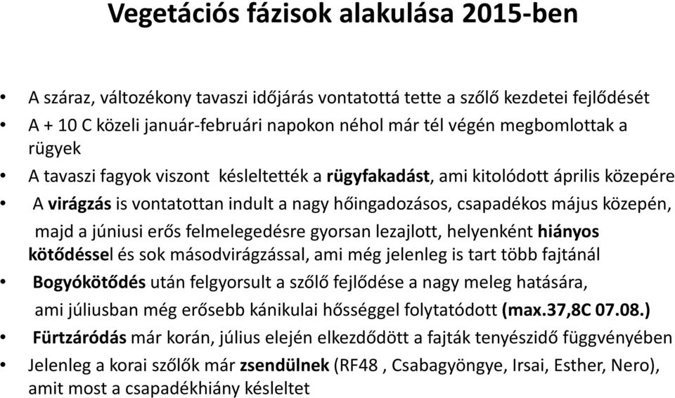 felmelegedésre gyorsan lezajlott, helyenkénthiányos kötődéssel és sok másodvirágzással, ami még jelenleg is tart több fajtánál Bogyókötődés után felgyorsult a szőlő fejlődése a nagy meleg hatására,