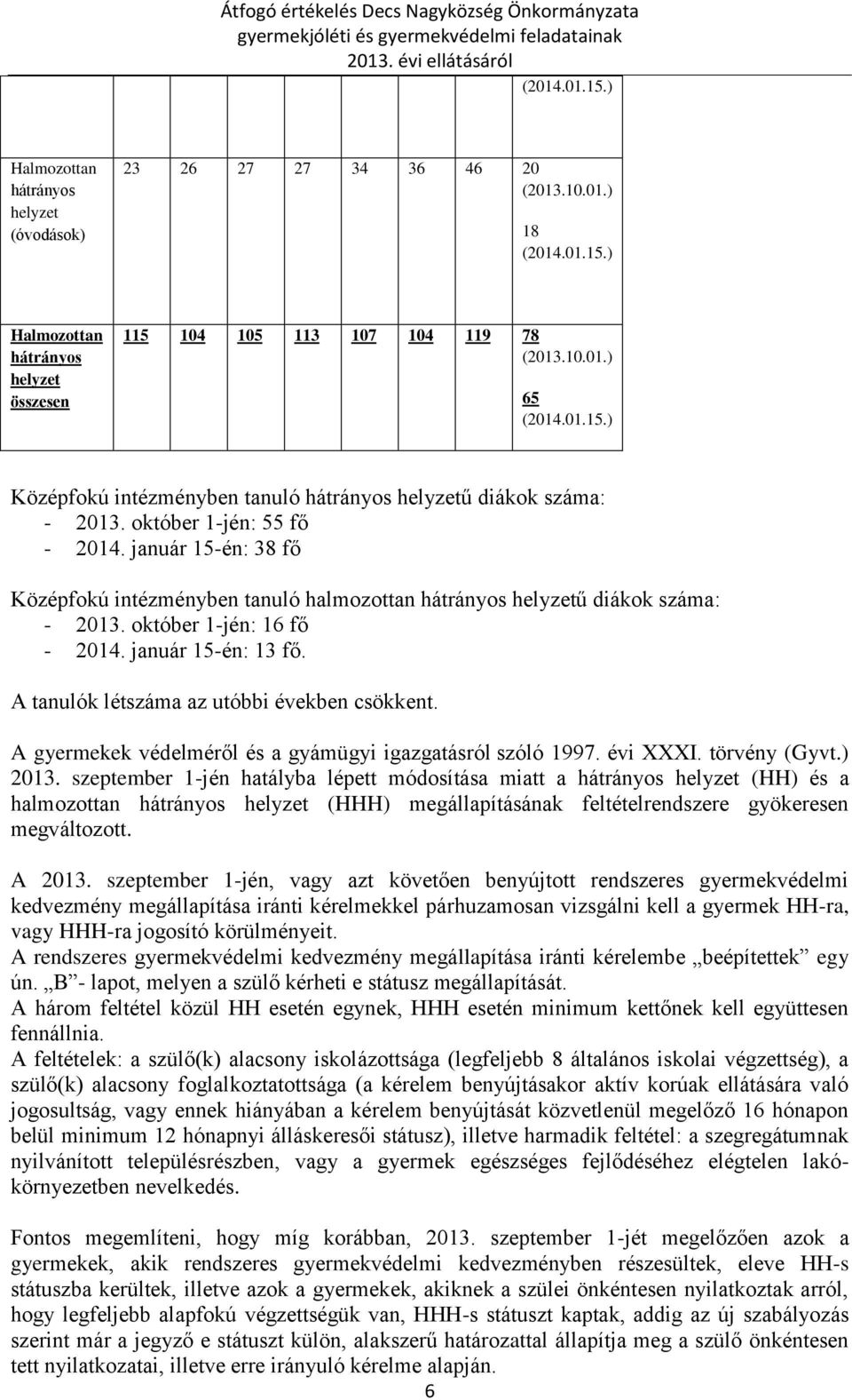 január 15-én: 38 fő Középfokú intézményben tanuló halmozottan hátrányos helyzetű diákok száma: - 2013. október 1-jén: 16 fő - 2014. január 15-én: 13 fő. A tanulók létszáma az utóbbi években csökkent.