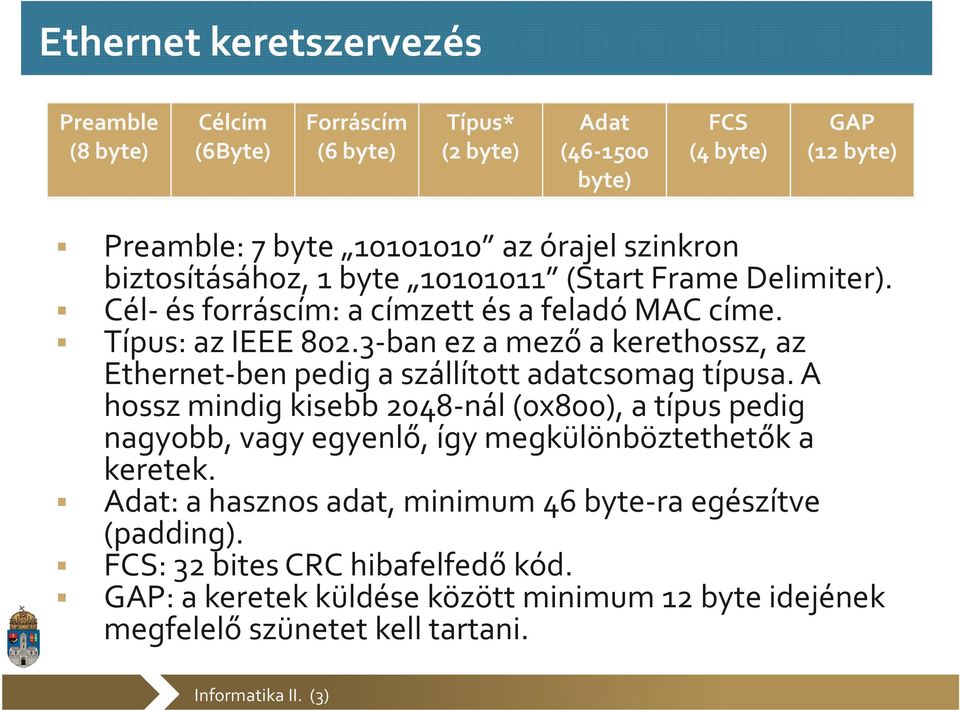 3-ban ez a mező a kerethossz, az Ethernet-benpedig a szállított adatcsomag típusa.