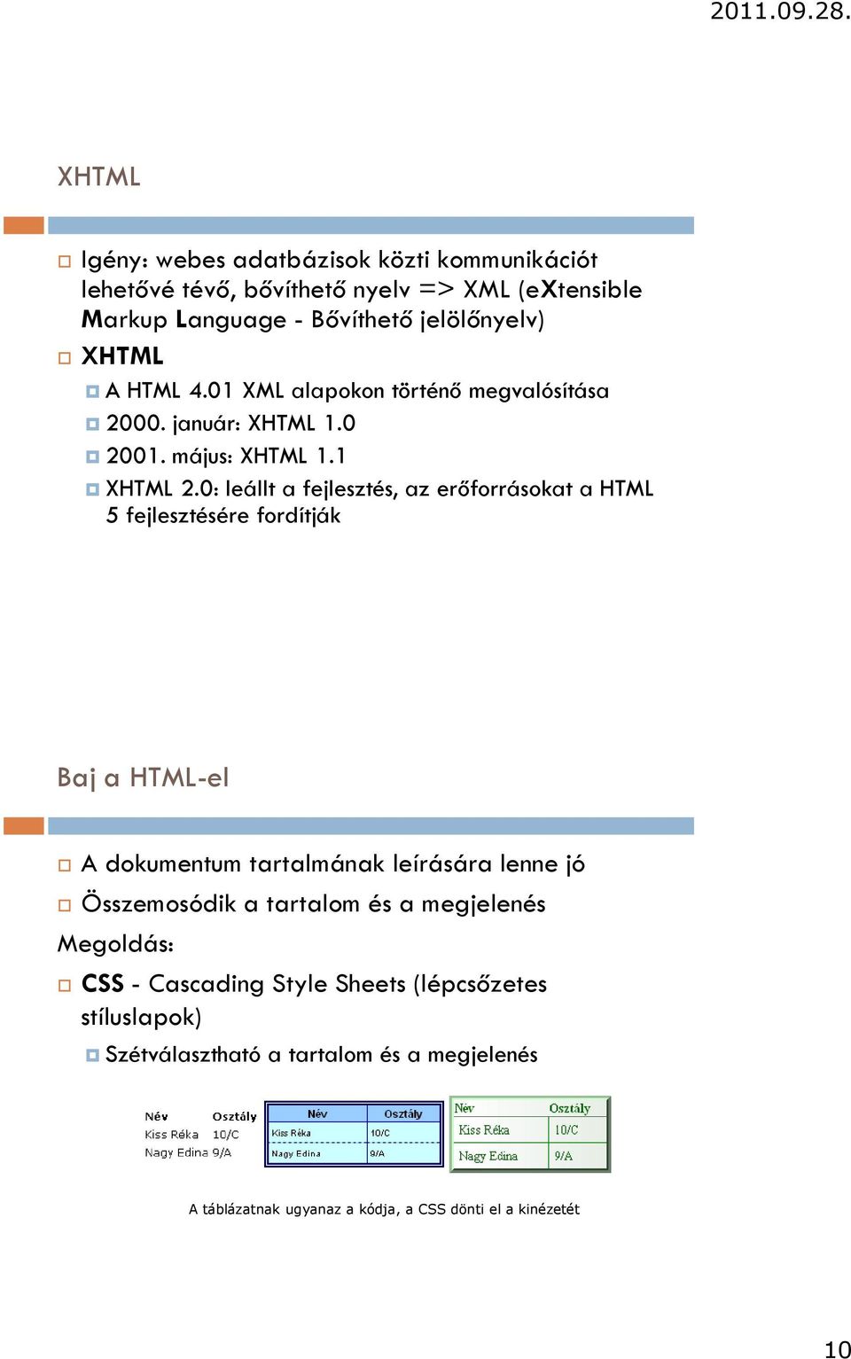 0: leállt a fejlesztés, az erőforrásokat a HTML 5 fejlesztésére fordítják Baj a HTML-el A dokumentum tartalmának leírására lenne jó Összemosódik a