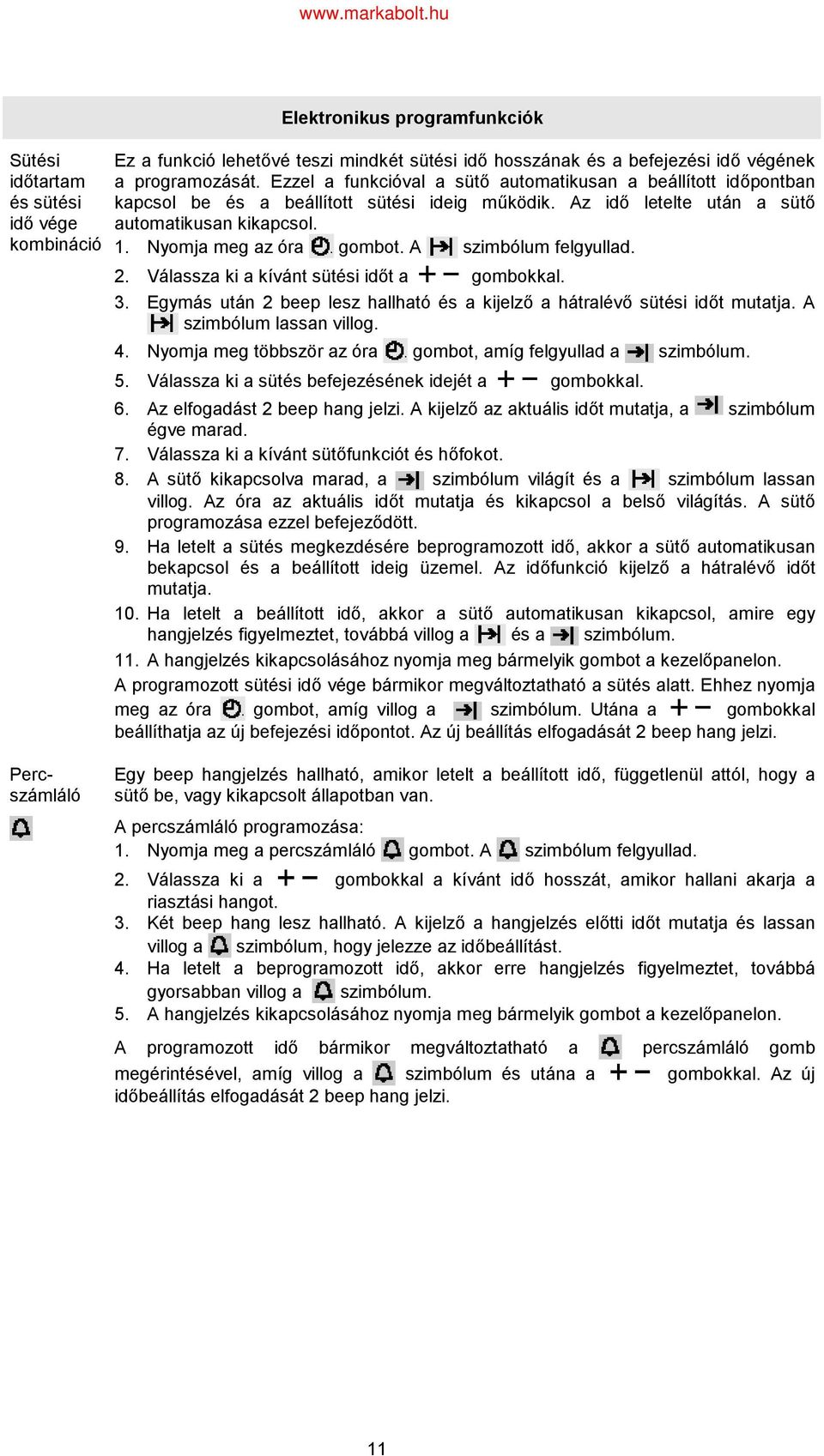 A szimbólum felgyullad. 2. Válassza ki a kívánt sütési időt a gombokkal. 3. Egymás után 2 beep lesz hallható és a kijelző a hátralévő sütési időt mutatja. A szimbólum lassan villog. 4.