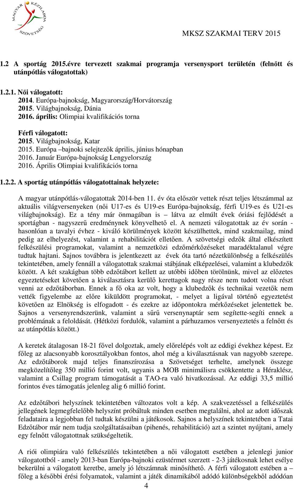 Január Európa-bajnokság Lengyelország 2016. Április Olimpiai kvalifikációs torna 1.2.2. A sportág utánpótlás válogatottainak helyzete: A magyar utánpótlás-válogatottak 2014-ben 11.