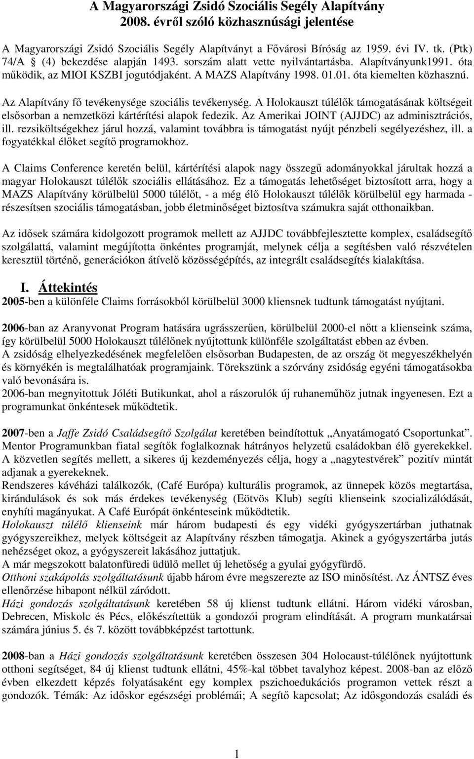 Az Alapítvány fő tevékenysége szociális tevékenység. A Holokauszt túlélők támogatásának költségeit elsősorban a nemzetközi kártérítési alapok fedezik.