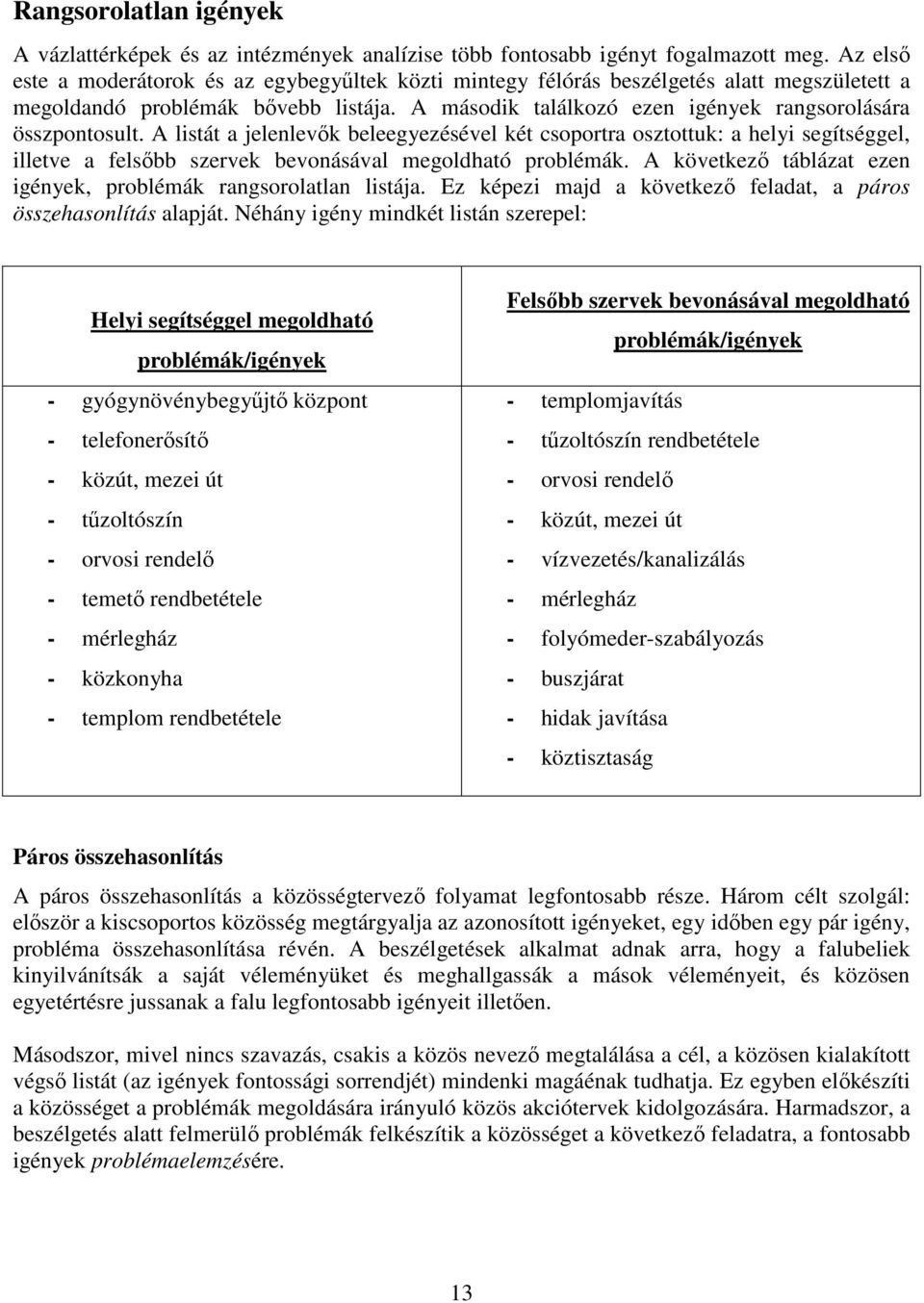 A listát a jelenlevık beleegyezésével két csoportra osztottuk: a helyi segítséggel, illetve a felsıbb szervek bevonásával megoldható problémák.