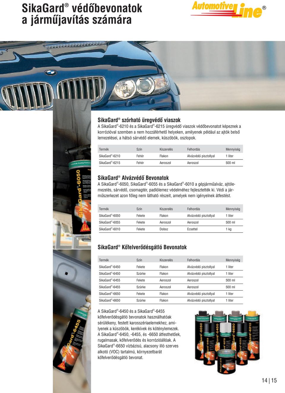 Termék Szín Kiszerelés Felhordás Mennyiség SikaGard -6210 Fehér Flakon Alvázvédő pisztollyal 1 liter SikaGard -6215 Fehér Aeroszol Aeroszol 500 ml SikaGard Alvázvédô Bevonatok A SikaGard -6050,