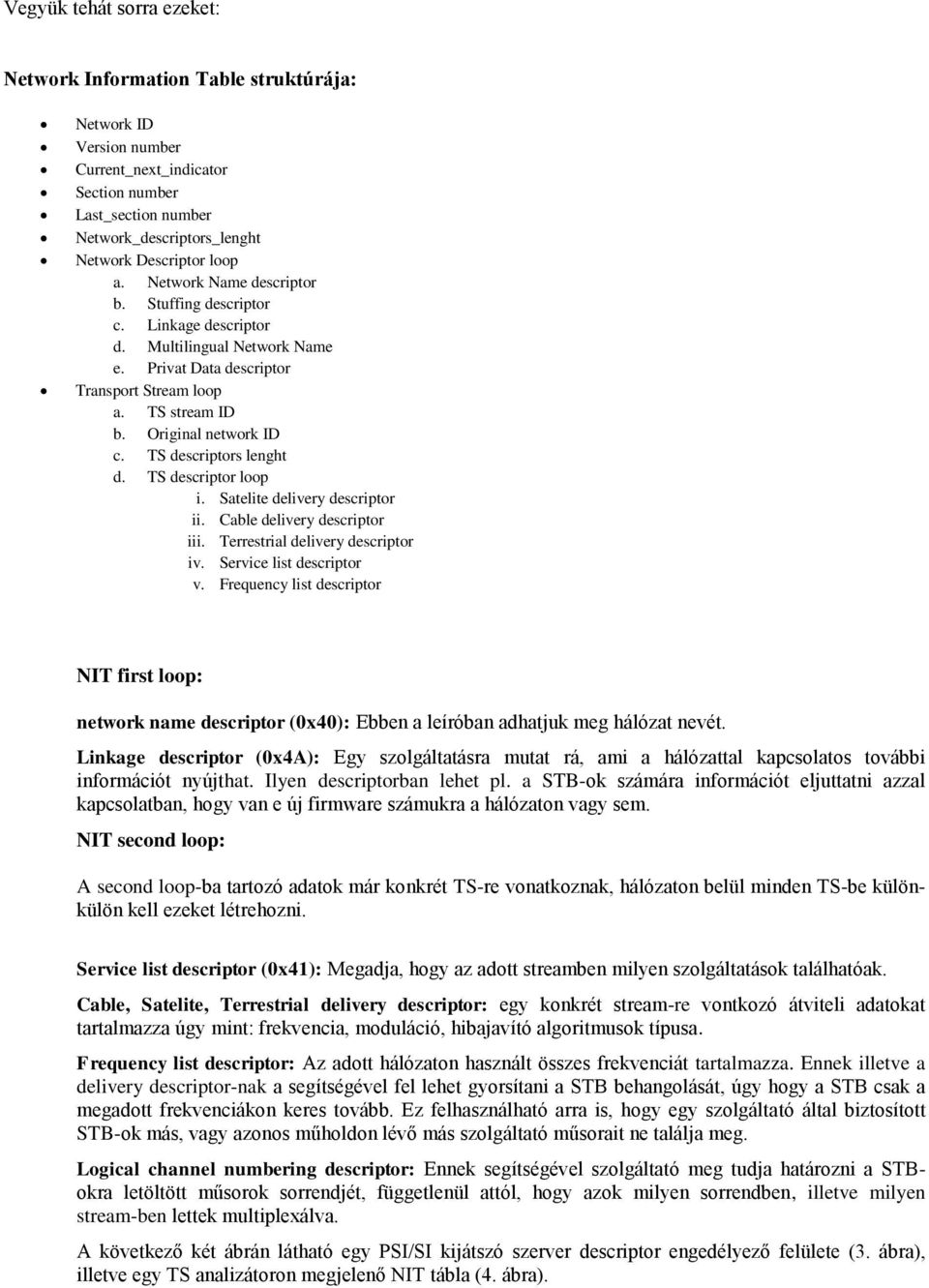 TS descriptors lenght d. TS descriptor loop i. Satelite delivery descriptor ii. Cable delivery descriptor iii. Terrestrial delivery descriptor iv. Service list descriptor v.