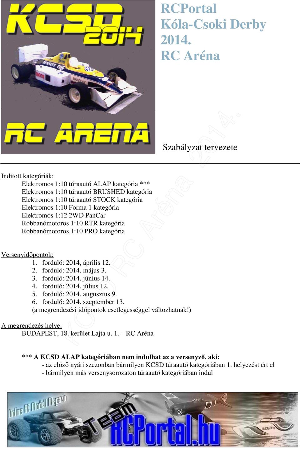 Forma 1 kategória Elektromos 1:12 2WD PanCar Robbanómotoros 1:10 RTR kategória Robbanómotoros 1:10 PRO kategória Versenyidıpontok: 1. forduló: 2014, április 12. 2. forduló: 2014. május 3.