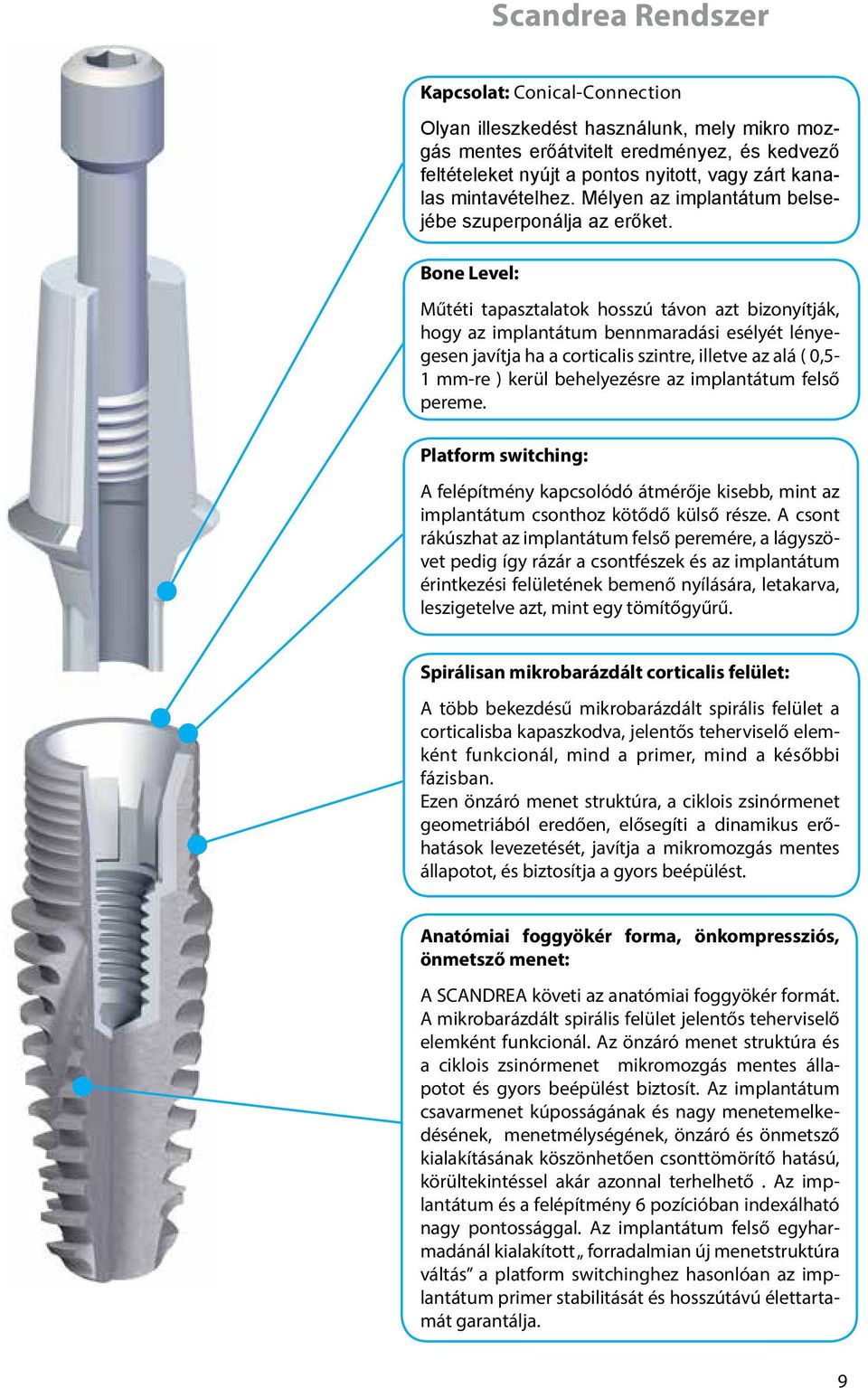 Bone Level: Műtéti tapasztalatok hosszú távon azt bizonyítják, hogy az implantátum bennmaradási esélyét lényegesen javítja ha a corticalis szintre, illetve az alá ( 0,5-1 mm-re ) kerül behelyezésre