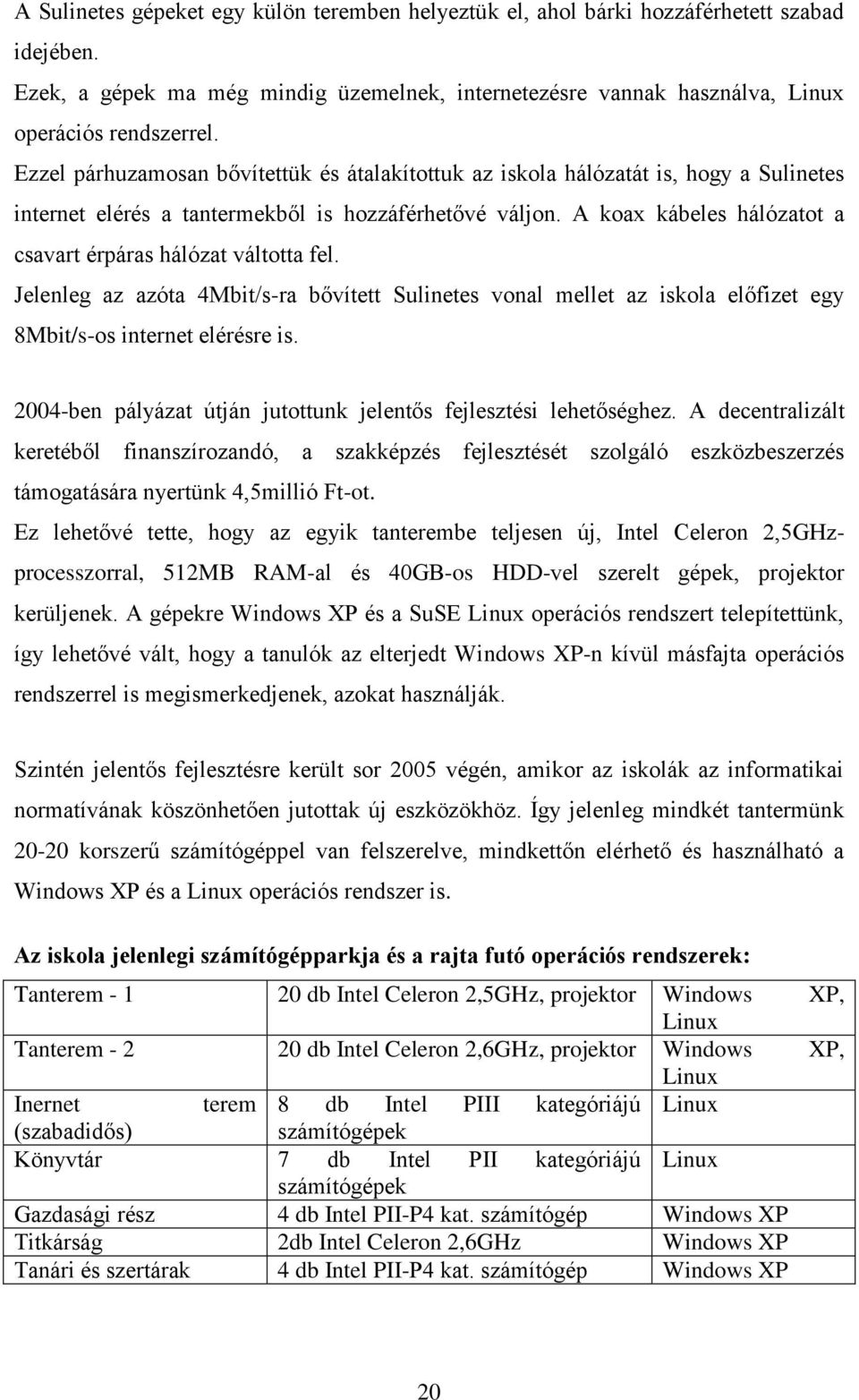 A koax kábeles hálózatot a csavart érpáras hálózat váltotta fel. Jelenleg az azóta 4Mbit/s-ra bővített Sulinetes vonal mellet az iskola előfizet egy 8Mbit/s-os internet elérésre is.