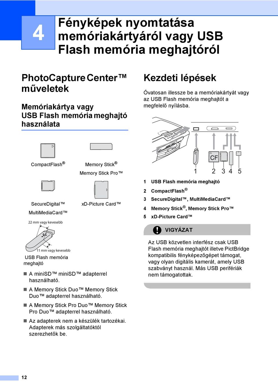 CompactFlash Memory Stick SecureDigital MultiMediaCard 22 mm vagy kevesebb 11 mm vagy kevesebb USB Flash memória meghajtó Memory Stick Pro xd-picture Card A minisd minisd adapterrel használható.