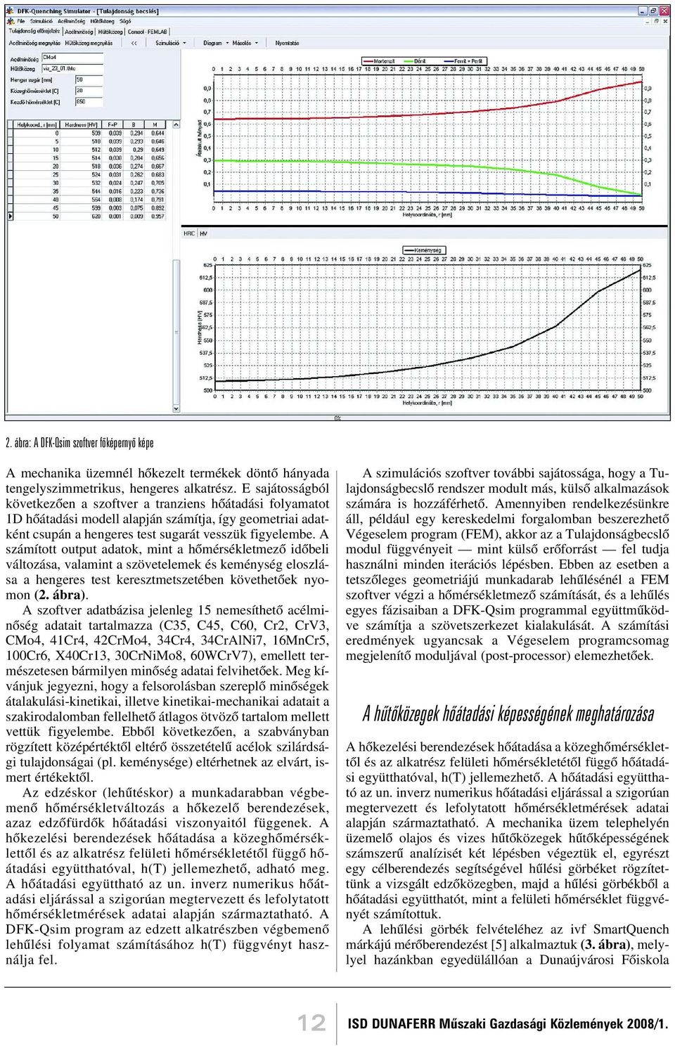 A számított output adatok, mint a hõmérsékletmezõ idõbeli változása, valamint a szövetelemek és keménység eloszlása a hengeres test keresztmetszetében követhetõek nyomon (2. ábra).