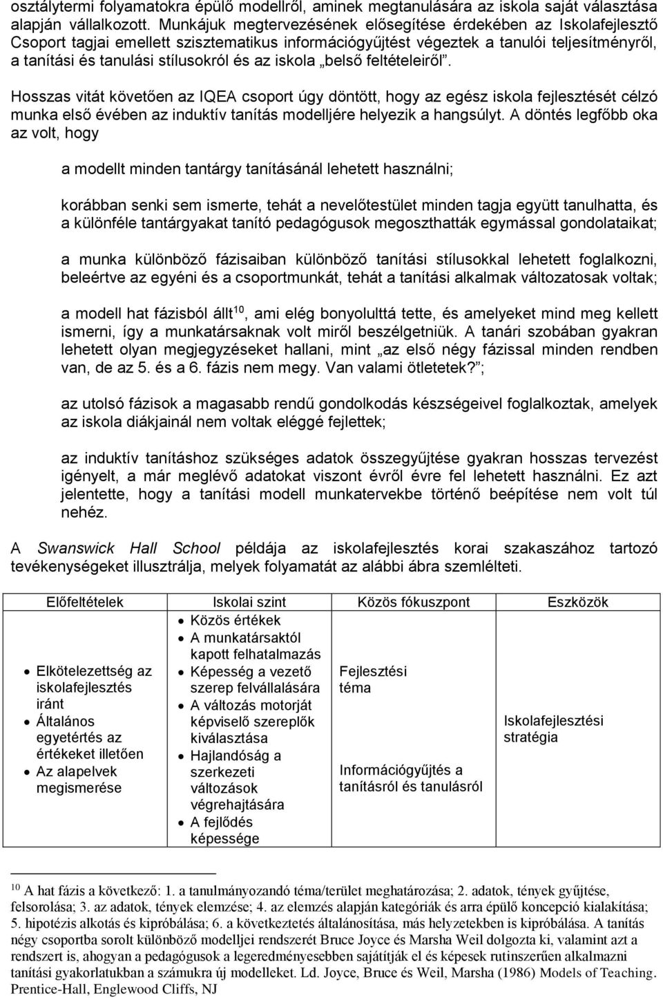 az iskola belső feltételeiről. Hosszas vitát követően az IQEA csoport úgy döntött, hogy az egész iskola fejlesztését célzó munka első évében az induktív tanítás modelljére helyezik a hangsúlyt.