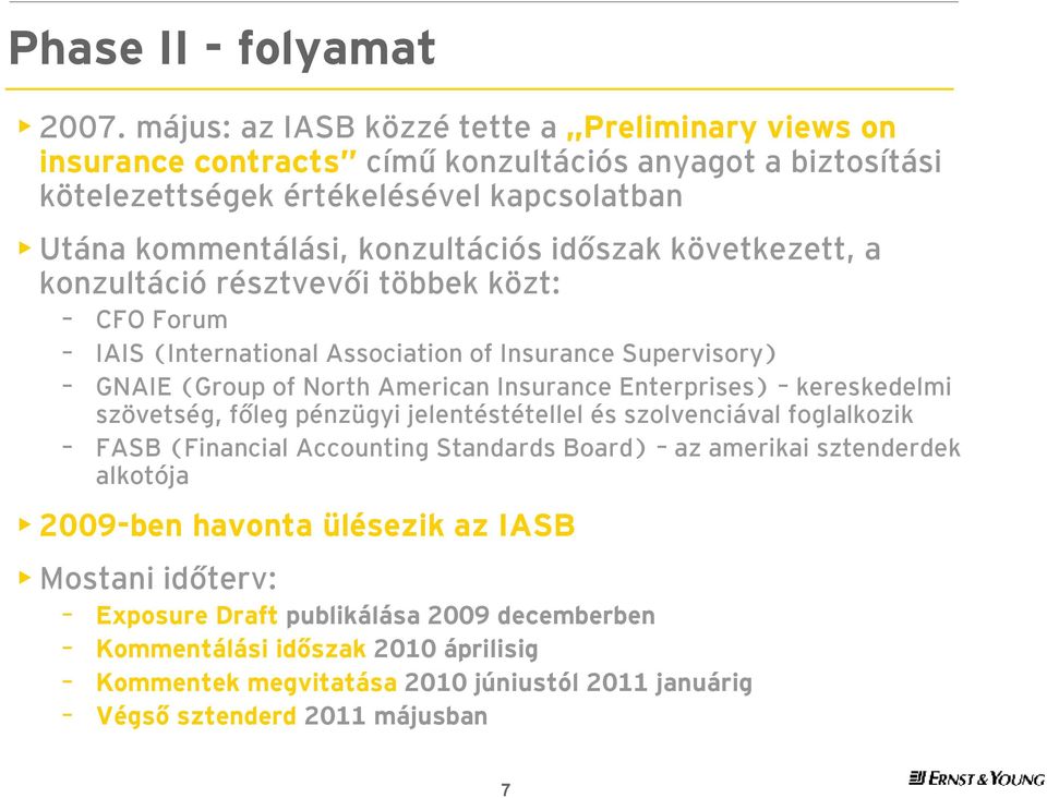 időszak következett, a konzultáció résztvevői többek közt: CFO Forum IAIS (International Association of Insurance Supervisory) GNAIE (Group of North American Insurance Enterprises)