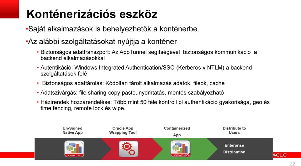 alkalmazásokkal Autentikáció: Windows Integrated Authentication/SSO (Kerberos v NTLM) a backend szolgáltatások felé Biztonságos adattárolás: Kódoltan