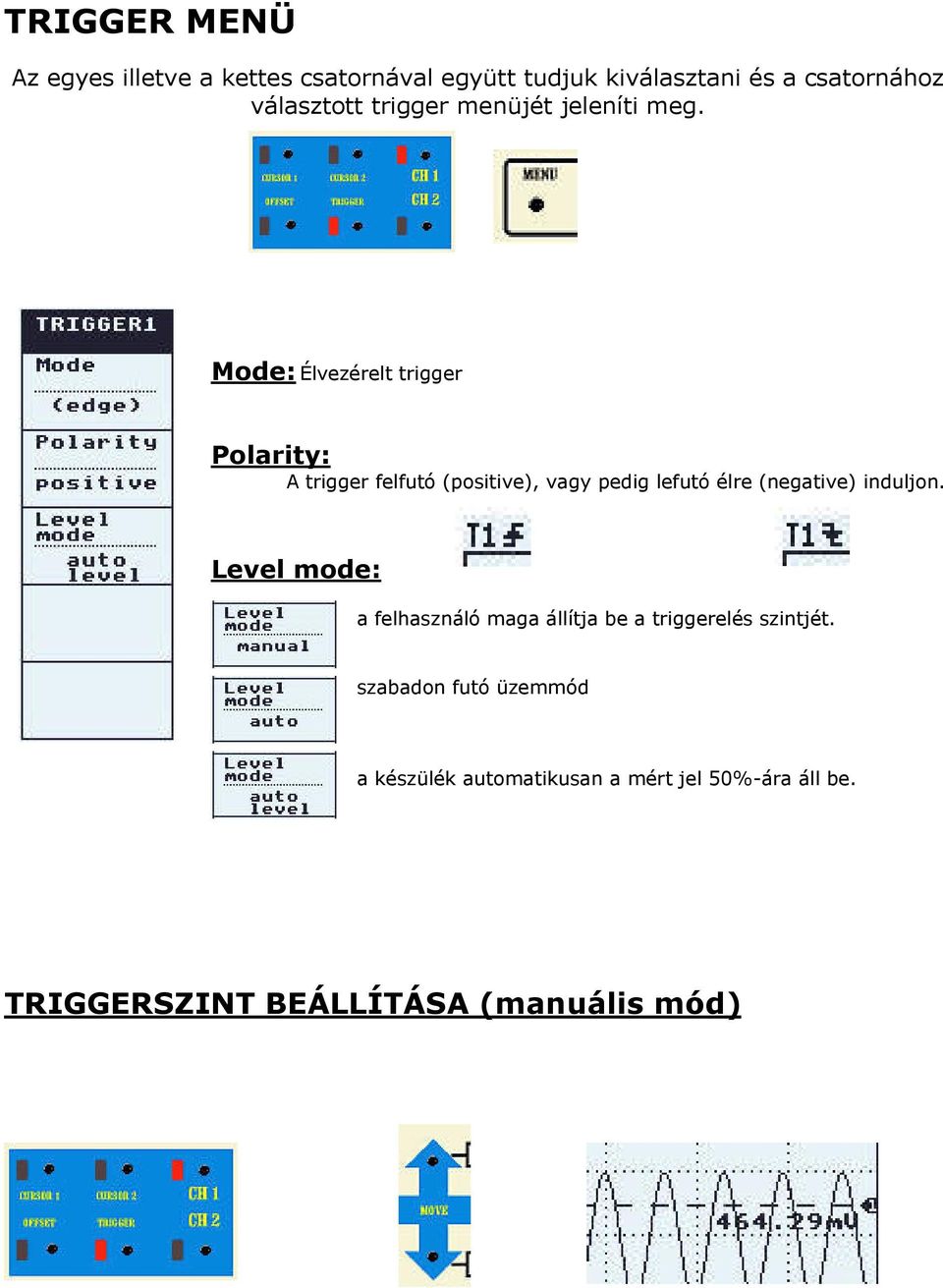 Mode: Élvezérelt trigger Polarity: A trigger felfutó (positive), vagy pedig lefutó élre (negative)