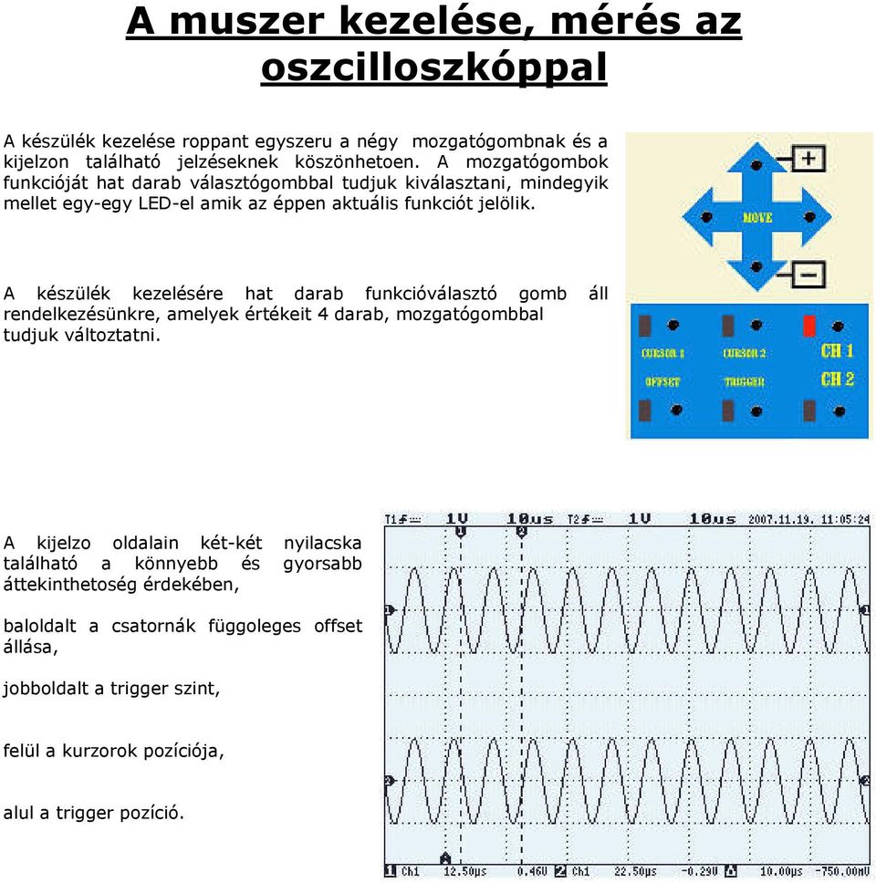 A készülék kezelésére hat darab funkcióválasztó gomb áll rendelkezésünkre, amelyek értékeit 4 darab, mozgatógombbal tudjuk változtatni.