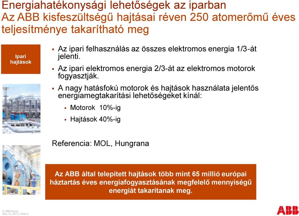 A nagy hatásfokú motorok és hajtások használata jelentős energiamegtakarítási lehetőségeket kínál: Motorok 10%-ig Hajtások 40%-ig Referencia: MOL,