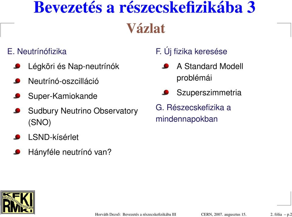 Observatory (SNO) F. Új fizika keresése A Standard Modell problémái Szuperszimmetria G.