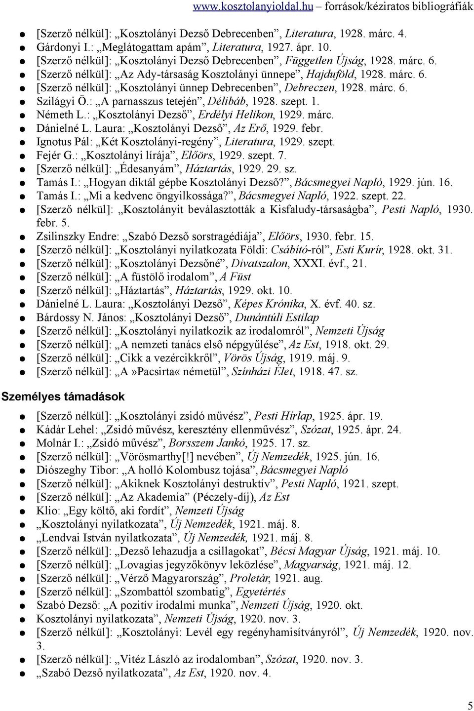 márc. 6. Szilágyi Ö.: A parnasszus tetején, Délibáb, 1928. szept. 1. Németh L.: Kosztolányi Dezső, Erdélyi Helikon, 1929. márc. Dánielné L. Laura: Kosztolányi Dezső, Az Erő, 1929. febr.