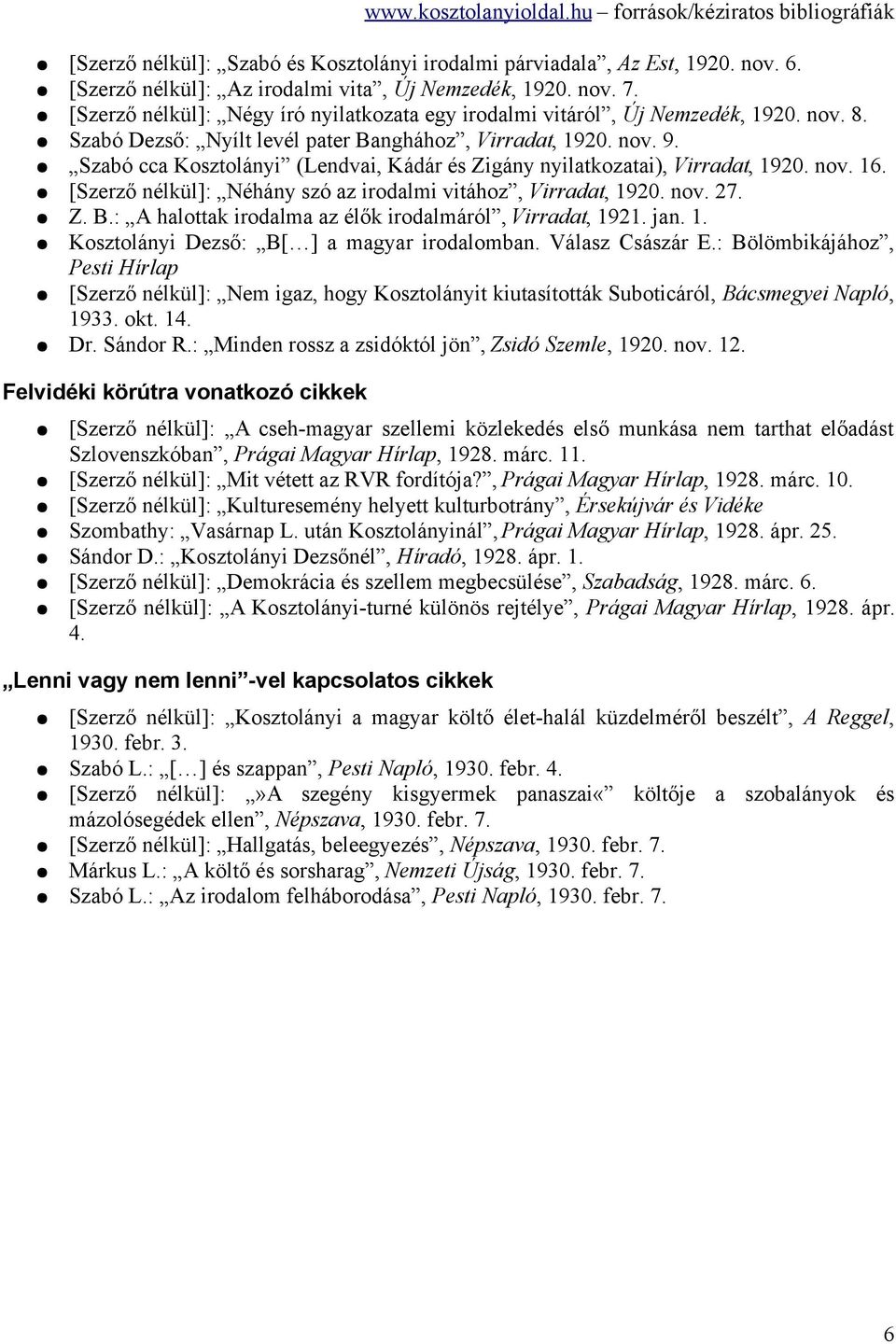 Szabó cca Kosztolányi (Lendvai, Kádár és Zigány nyilatkozatai), Virradat, 1920. nov. 16. [Szerző nélkül]: Néhány szó az irodalmi vitához, Virradat, 1920. nov. 27. Z. B.