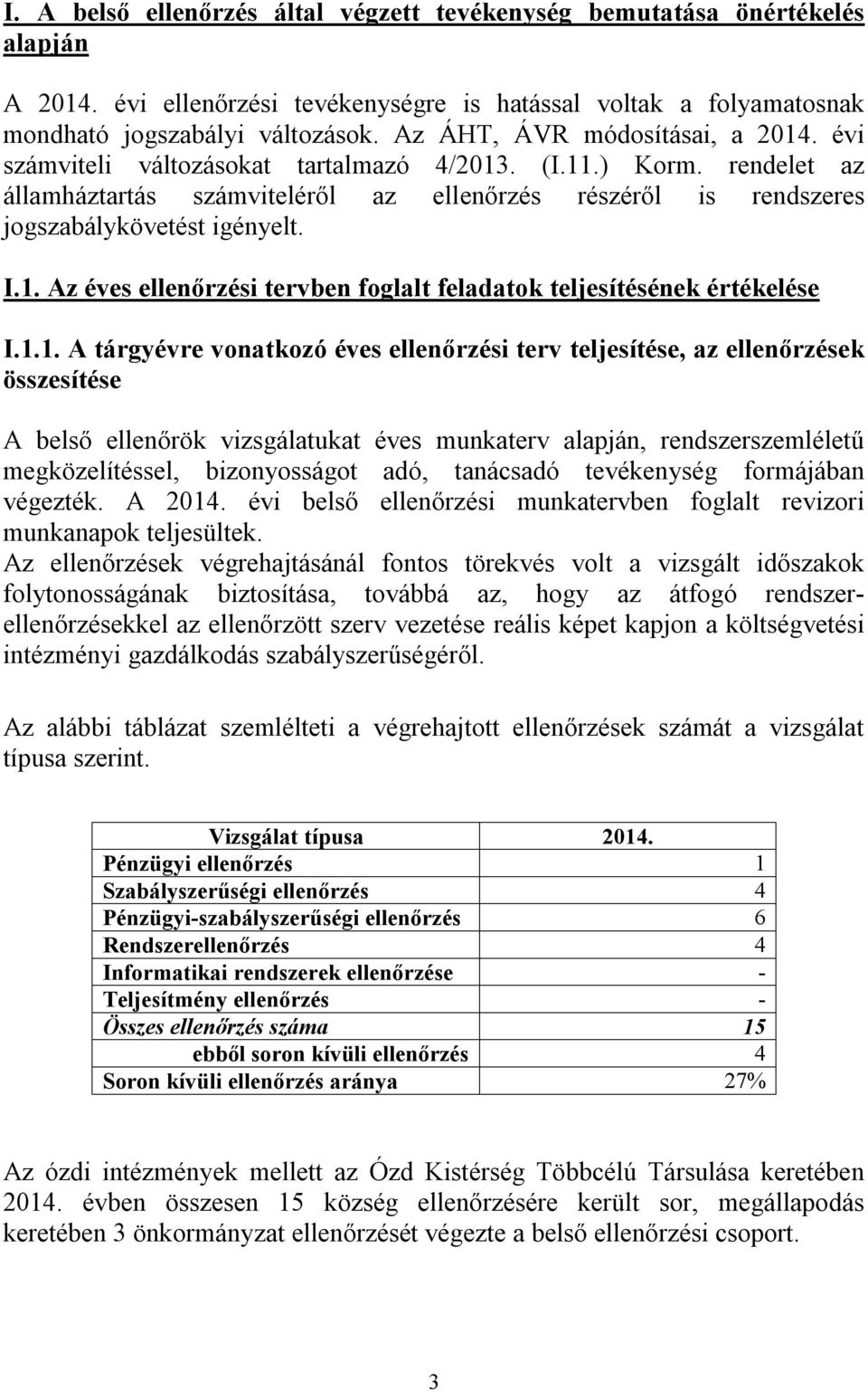 I.1. Az éves ellenőrzési tervben foglalt feladatok teljesítésének értékelése I.1.1. A tárgyévre vonatkozó éves ellenőrzési terv teljesítése, az ellenőrzések összesítése A belső ellenőrök