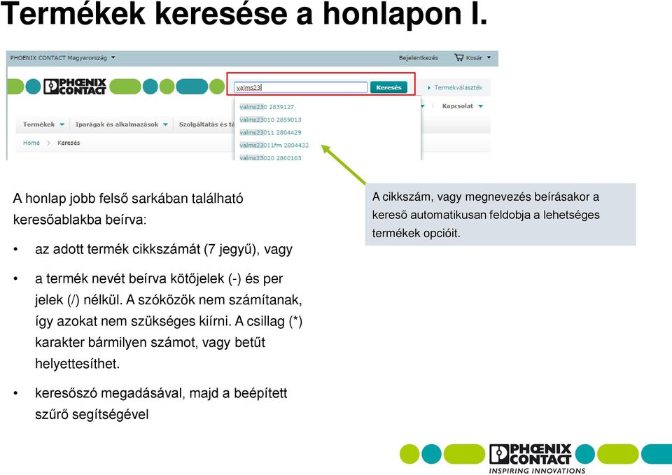 megnevezés beírásakor a kereső automatikusan feldobja a lehetséges termékek opcióit.