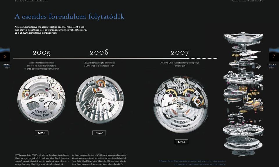 6 2005 2006 2007 7 Az első nemzetközi kollekció, 5R64-es kis másodpercmutatóval és 5R65-ös közép másodpercmutatóval. Két új kaliber gazdagítja a kollekciót: a GMT 5R66 és a holdfázisos 5R67.