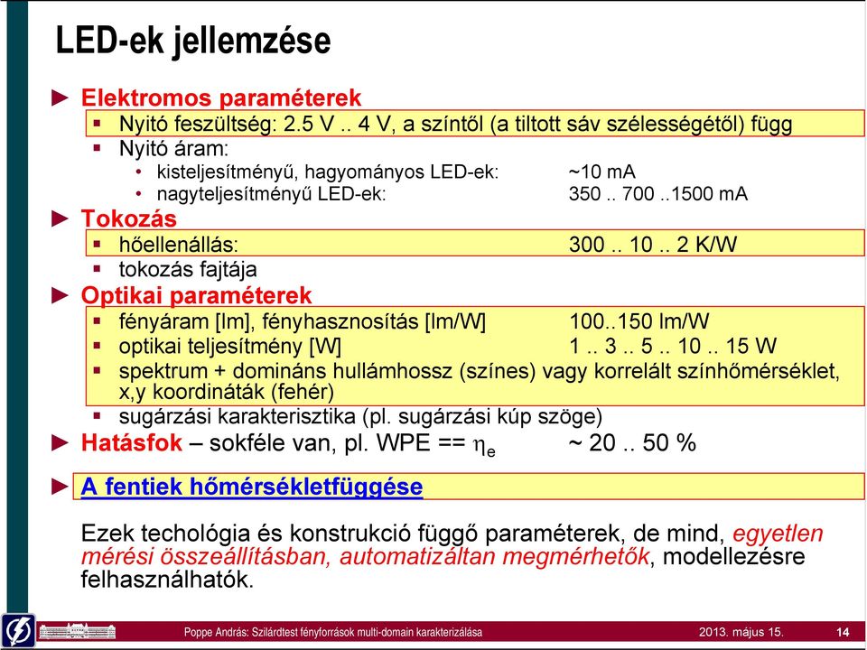 . 2 K/W tokozás fajtája Optikai paraméterek fényáram [lm], fényhasznosítás [lm/w] 100