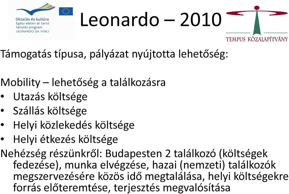 részünkről: Budapesten 2 találkozó (költségek fedezése), munka elvégzése, hazai (nemzeti)