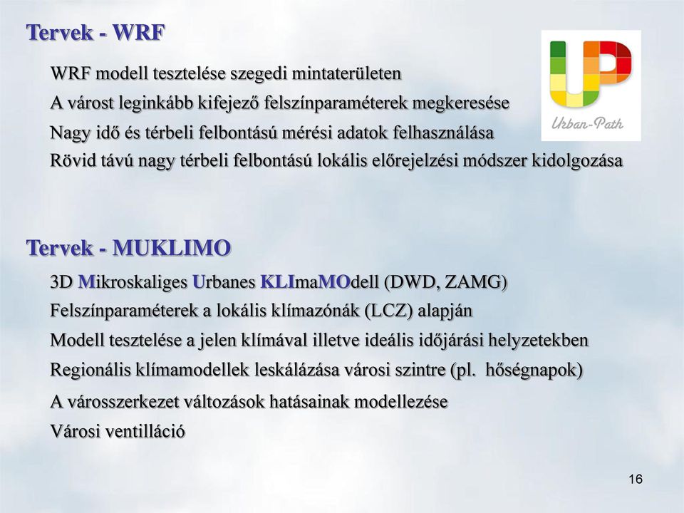 Mikroskaliges Urbanes KLImaMOdell (DWD, ZAMG) Felszínparaméterek a lokális klímazónák (LCZ) alapján Modell tesztelése a jelen klímával illetve