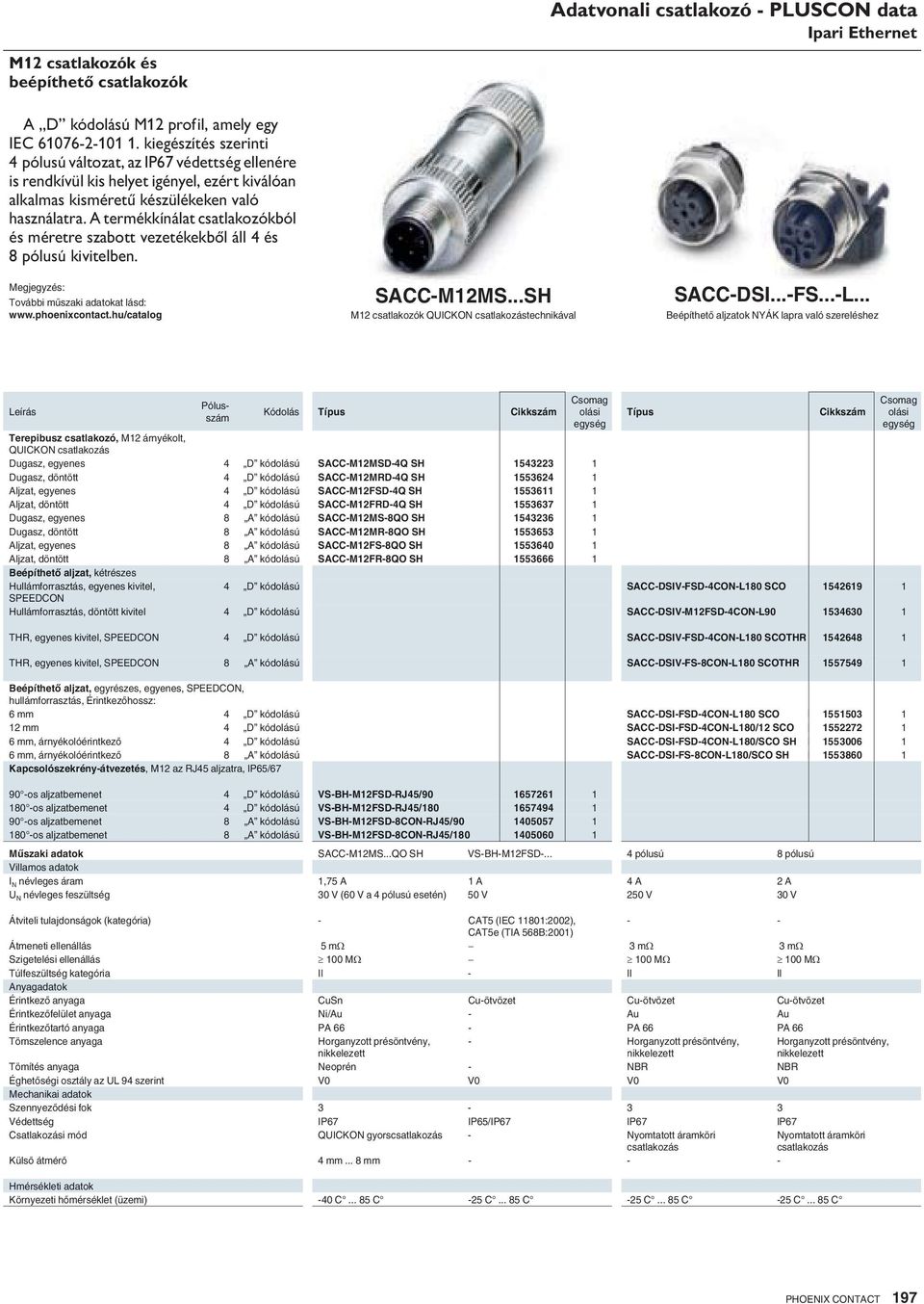 A termékkínálat csatlakozókból és méretre szabott vezetékekből áll 4 és 8pólusú kivitelben. További m szaki adatokat lásd: SACC-M12MS...SH M12 csatlakozók QUICKON csatlakozástechnikával SACC-DSI...-FS.