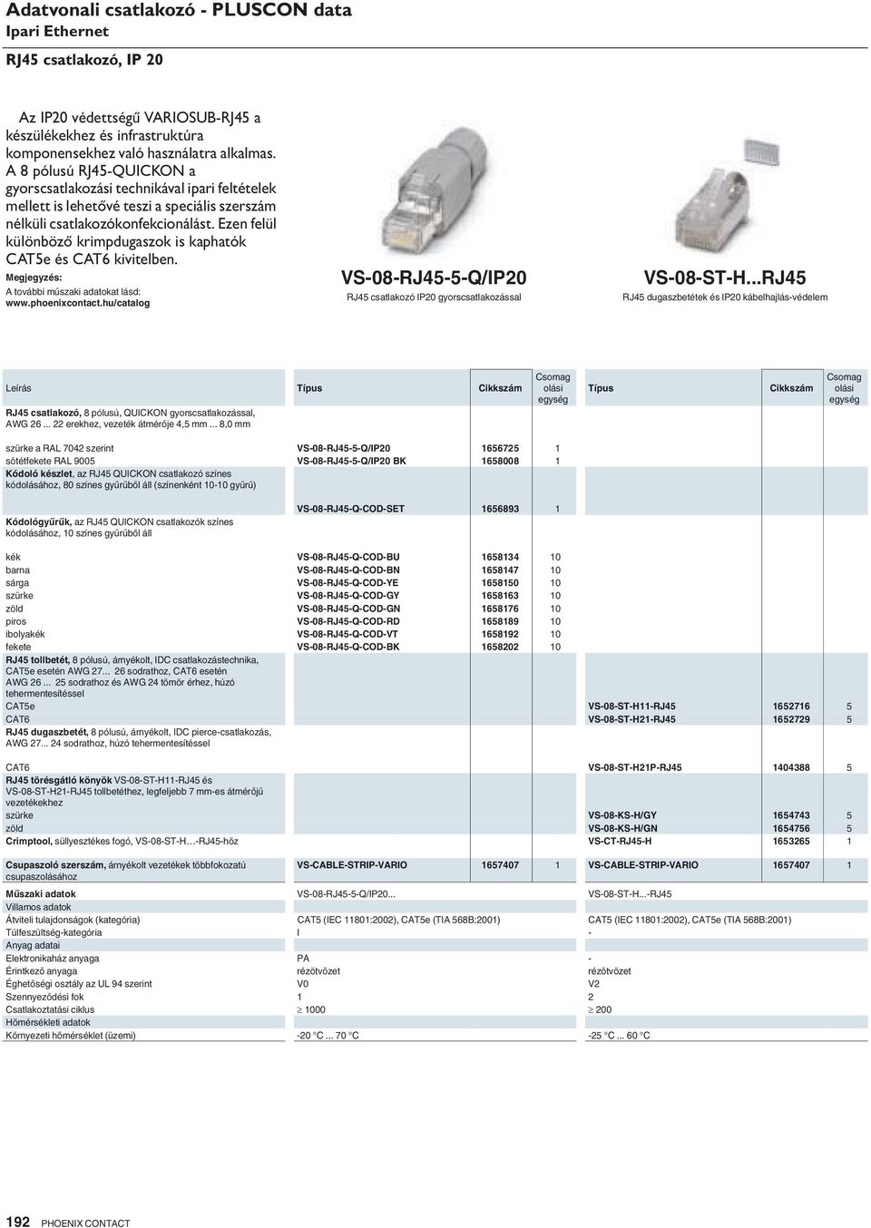 Ezen felül különböző krimpdugaszok is kaphatók CAT5e és CAT6 kivitelben. VS-08-RJ45-5-Q/IP20 RJ45 csatlakozó IP20 gyorscsatlakozással VS-08-ST-H.