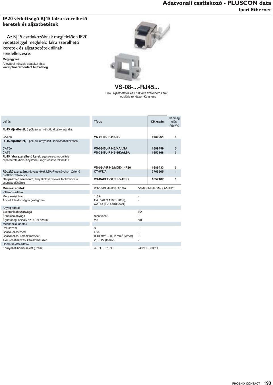 .. RJ45 aljzatbetétek és IP20 falra szerelhet keret, moduláris rendszer, Keystone Leírás RJ45 aljzatbetét, 8 pólusú, árnyékolt, aljzatról aljzatra CAT5e VS-08-BU-RJ45/BU 1689064 5 RJ45 aljzatbetét, 8